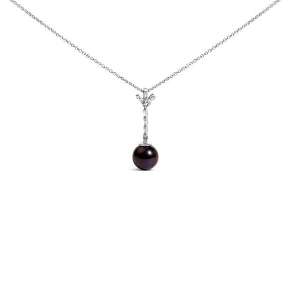 .925 Sterling Silver 8mm Black Pearl and Created White Sapphire Pendant